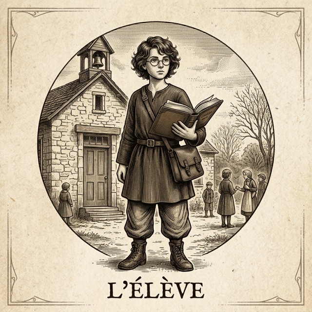 Gravure ancienne d'un élève tenant un livre devant une école de village
