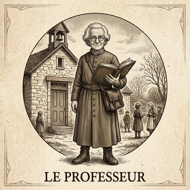 Gravure ancienne d'un professeur tenant un livre devant une école de village